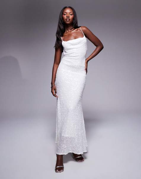 True Decadence Bias cut midaxi dress in white sequin