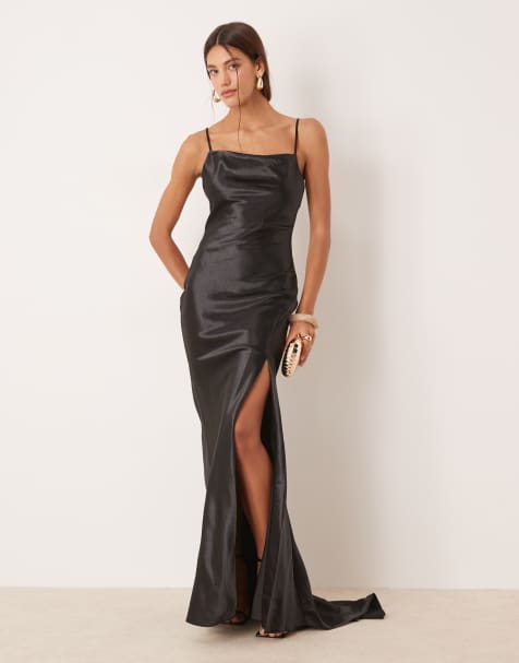 True Decadence Bias cut tie back maxi dress in black