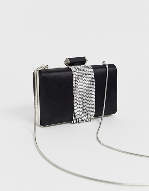 True Decadence black satin box crossbody bag with silver chain