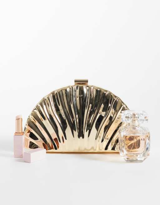 True Decadence - Bolso clutch dorado texturizado con diseño rígido de concha, 2 de 4