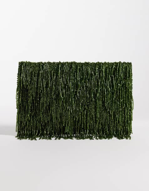 True Decadence - Bolso clutch verde oliva estilo sobre con flecos y cuentas - view 1