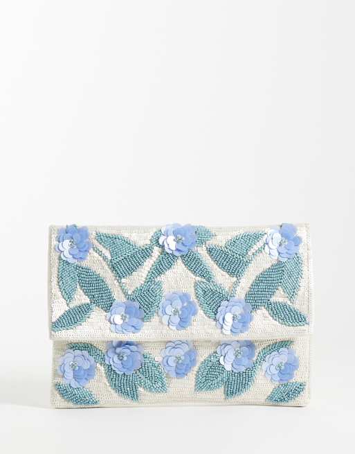 True Decadence - bolso de mano tipo sobre con adorno floral en azul verdoso, 1 de 4