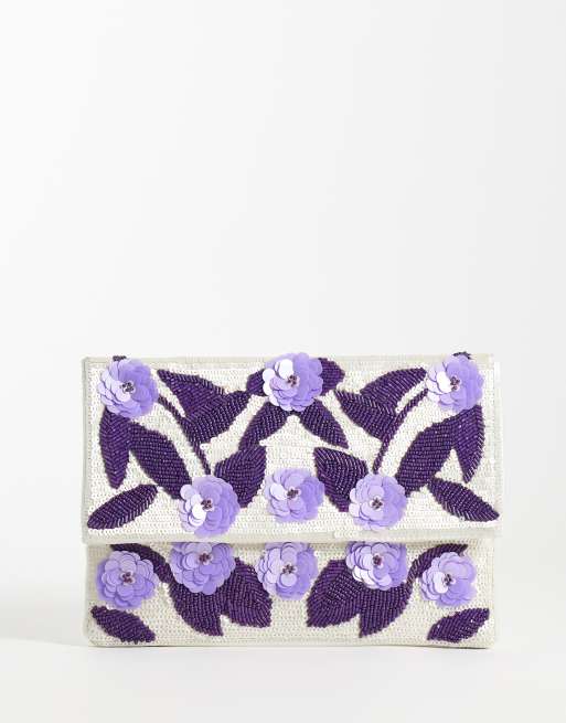 True Decadence - bolso de mano tipo sobre con adorno floral en morado, 1 de 4