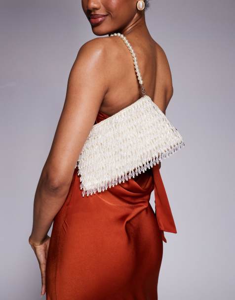 True Decadence - Borsa a mano con perline e paillettes color panna - view 1