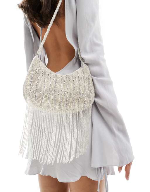 True Decadence - Borsa a tracolla color argento decorata con nappe