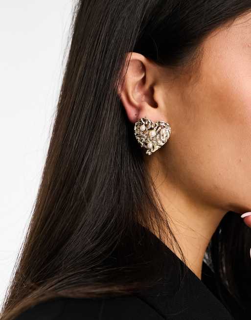 True Decadence - Boucles d'oreilles avec cœur orné de perles - Doré