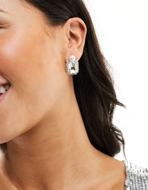 True Decadence - Boucles d'oreilles carrées avec cristaux et perle nacrée - Argenté