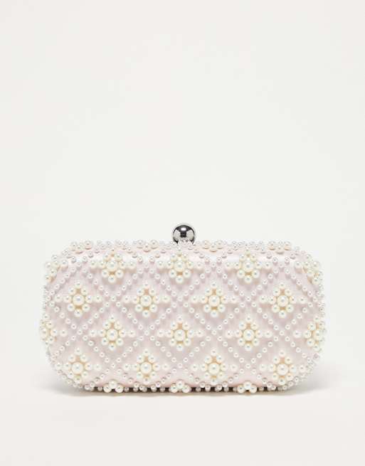 True Decadence + Heart Clutch Bag in Pink Satin with Pearl Handle