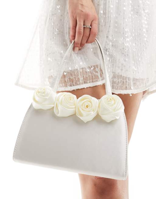  True Decadence bridal rose clutch bag in cream satin