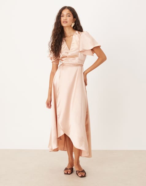 True Decadence Bridesmaid wrap midi dress in champagne satin