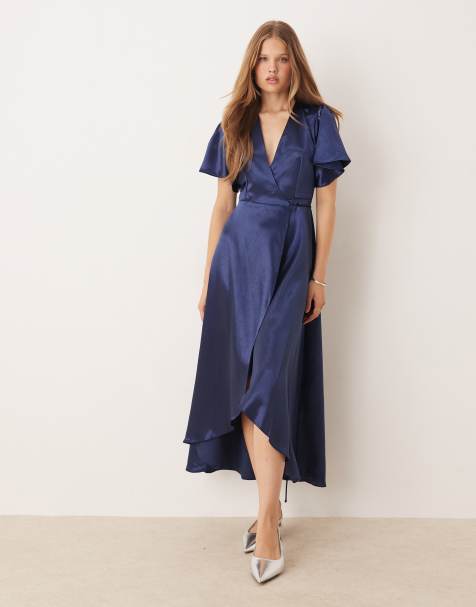 True Decadence Bridesmaid wrap midi dress in navy