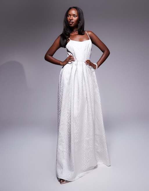 True Decadence Brocade maxi dress in silver abstract brocade