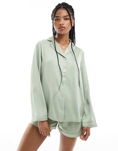 True Decadence Button shirt pyjama set in sage green - view 1