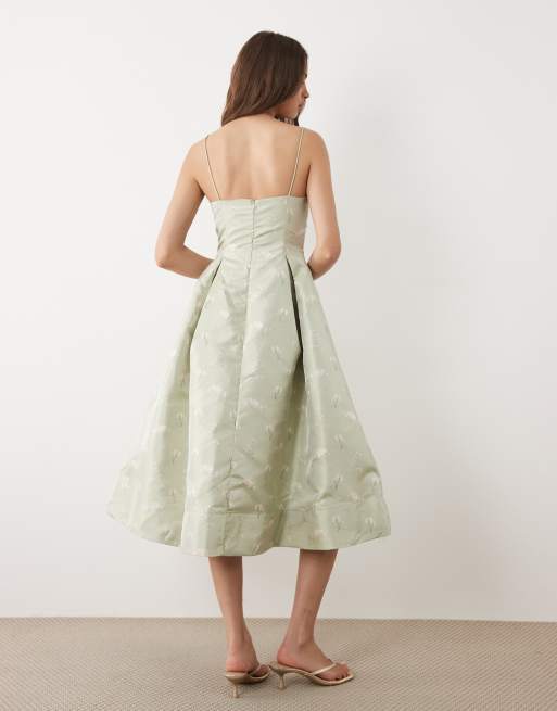 True Decadence Cami midi skater dress in green floral jacquard, 2 of 4