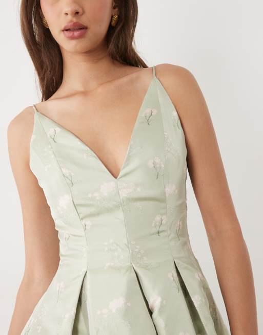 True Decadence Cami midi skater dress in green floral jacquard, 4 of 4