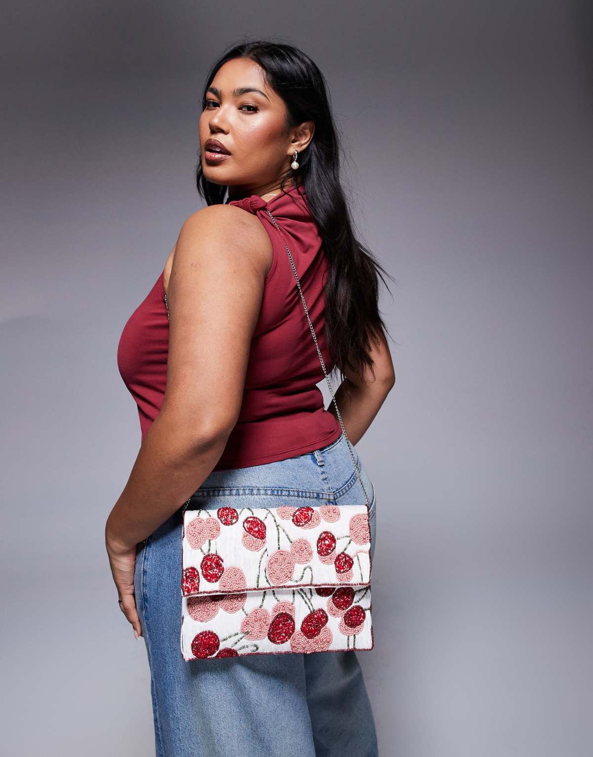 True Decadence cherry beaded envelope clutch bag in multi