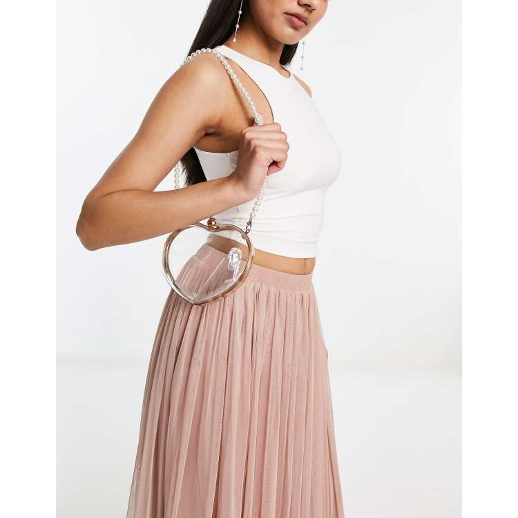 True Decadence + Heart Clutch Bag in Pink Satin with Pearl Handle