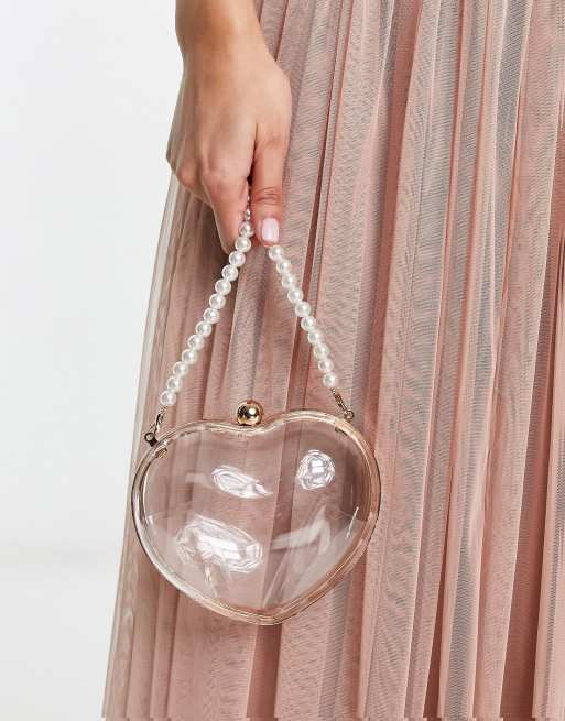 True Decadence + Heart Clutch Bag in Pink Satin with Pearl Handle