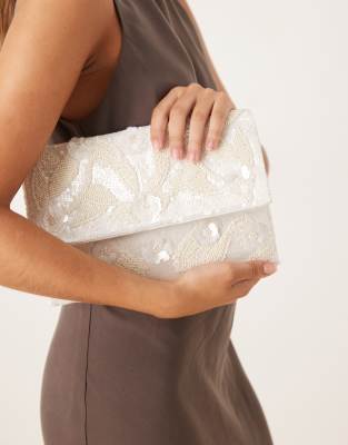 True Decadence - Clutch in Cremeweiß mit Blumenmuster und Perlen