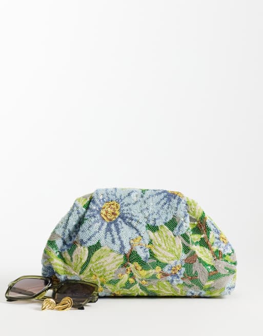 True Decadence clutch met bloemenprint en versiering in groen en blauw, 2 van 4
