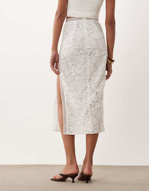 True Decadence Co-ord lace trim pencil midi skirt in white, 4 of 5