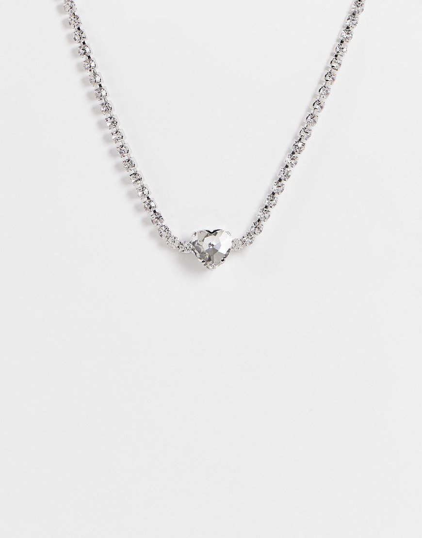 True Decadence collar necklace in all over crystal and heart pendant-Silver