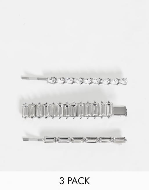 True Decadence - Confezione multipack da tre fermagli per capelli con strass, colore argento