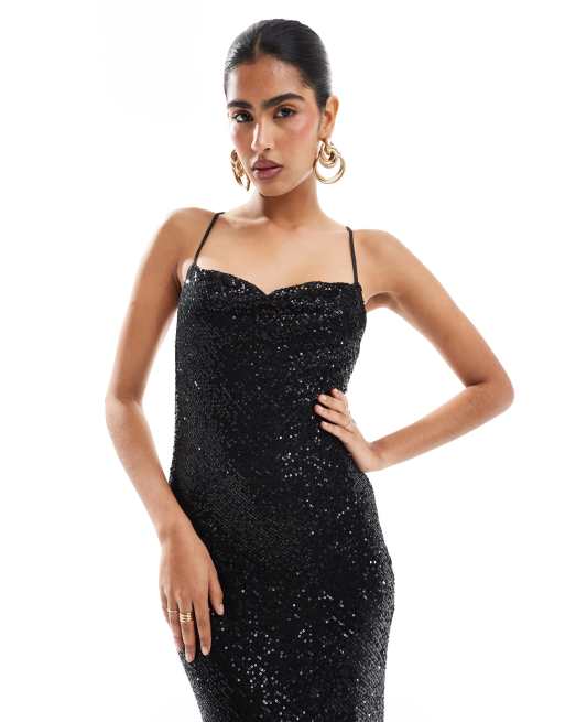 True Decadence Cowl-neck slip maxi dress in black sequin, 4 of 4