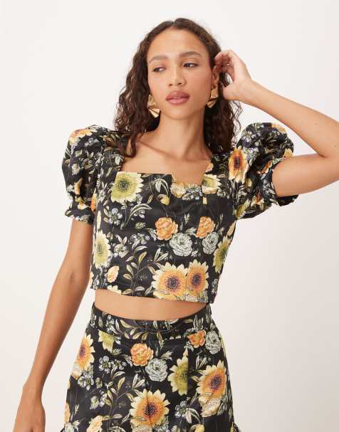 True Decadence Cropped top in black mustard flower