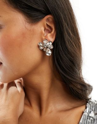True Decadence crystal flower statement stud earrings in silver