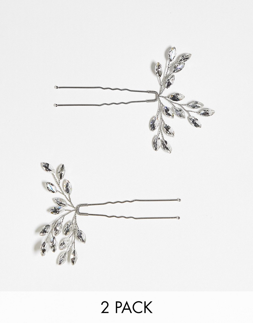crystal leaf hair pins in silver