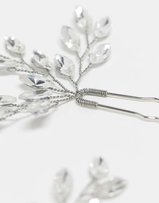 True Decadence crystal leaf hair pins in silver | ASOS display picture 1