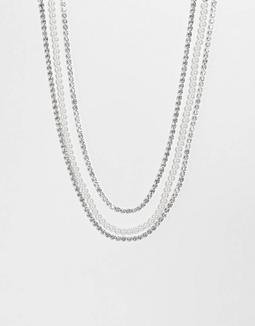 True Decadence crystal multirow necklace with faux pearl in silver