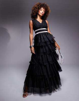 True Decadence Diamante belted tulle maxi dress in black