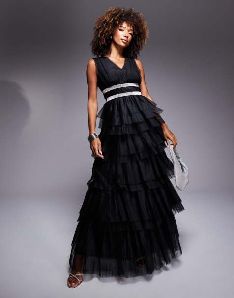 True Decadence Diamante belted tulle maxi dress in black - view 1