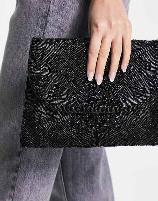 True Decadence embellished beaded envelope clutch bag in light gray