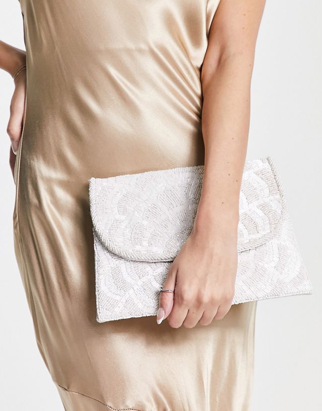 True Decadence embellished beaded envelope clutch bag in light gray