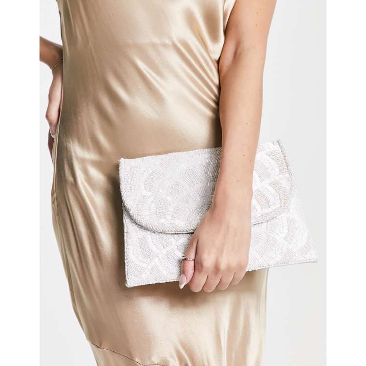 True Decadence embellished beaded envelope clutch bag in light gray