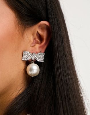 True Decadence embellished bow faux pearl drop earrings in silver