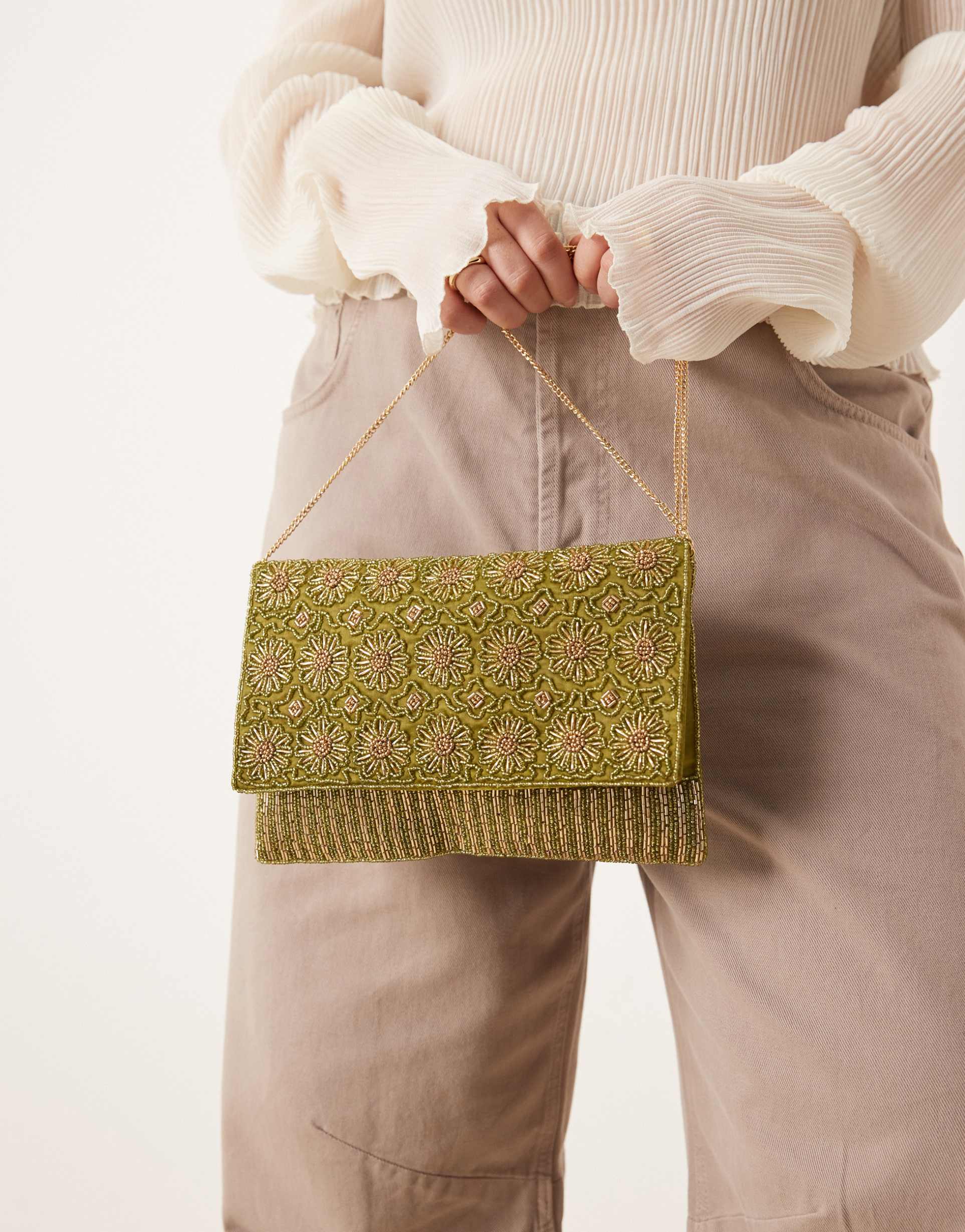 true decadence embellished envelope clutch bag in green and gold