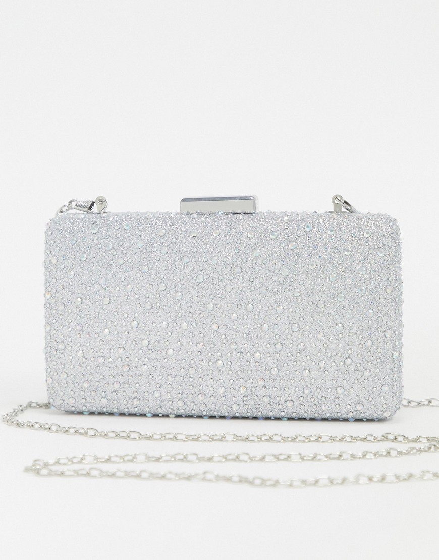 True Decadence embellished irridescent box clutch bag with twist lock fastening and detachable strap-Silver