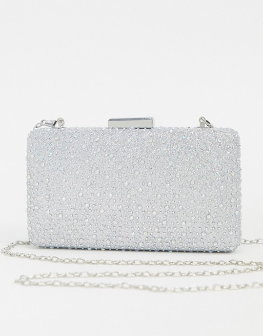 True Decadence embellished irridescent box clutch bag with twist lock fastening and detachable strap