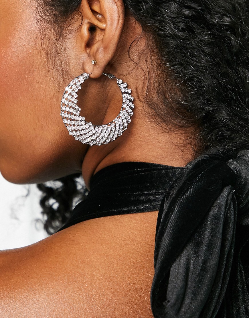 True Decadence embellished oversized flat hoop earrings in silver