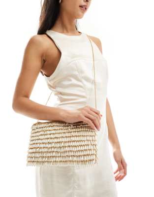 embellished pearl crossbody clutch bag in cream-White