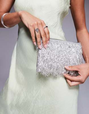 embellished tassel clutch bag in silver