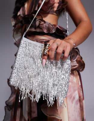 True Decadence Embellished Tassel Clutch Bag In Silver