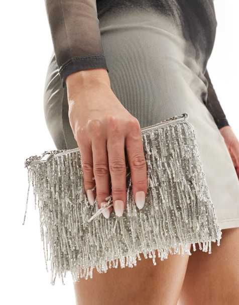 True Decadence embellished tassle clutch bag in silver - view 1