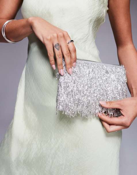 True Decadence embellished tassle clutch bag in silver - view 1