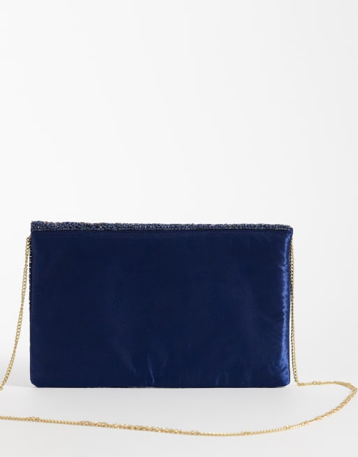 True Decadence - Envelop clutch met kraaltjes en bloemenmotief in blauw en brons, 4 van 4