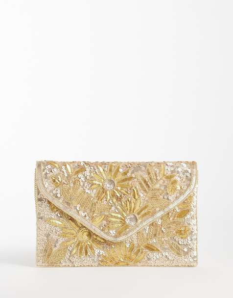 True Decadence envelope clutch bag in gold sequin - view 1